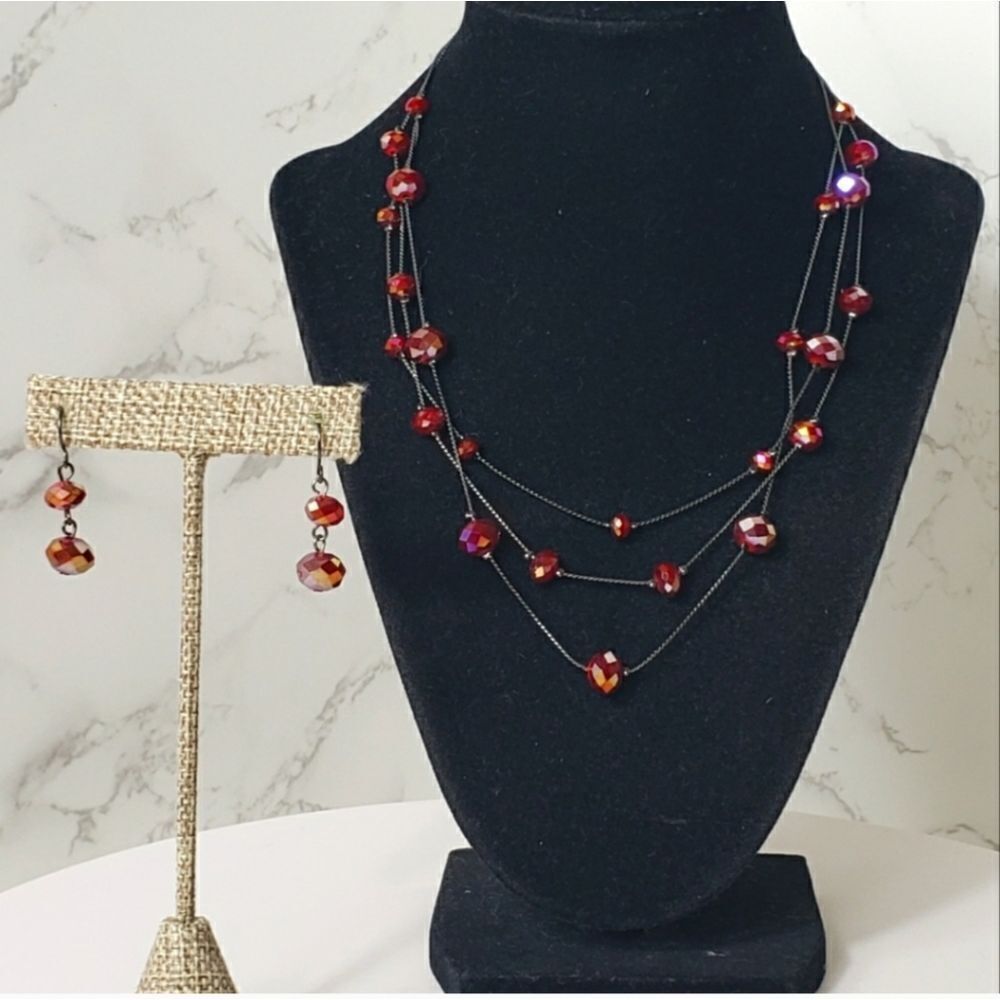MULTI-STRAND Gunmetal Chain Faceted Beads Necklace & Earrings Set